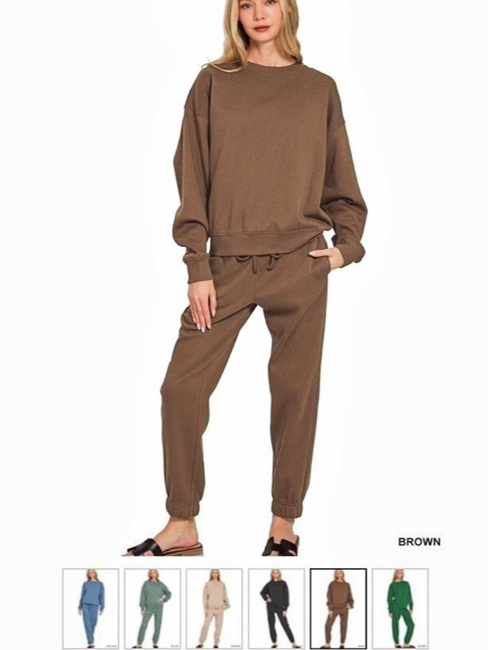 Zenana Fleece Long Sleeve Pullover & Jogger Set Brown